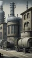 Placeholder: A gray factory with mechanical tanks designed in African masks painted by Caspar David Friedrich