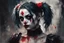 Placeholder: realistic portrait of harley quinn Digital Oil painting in the style of Jeremy Mann, bold loose brushwork, speedpainting, incoherence and chaos. Portrait of a black haired demoness stunning. Messy grunge gritty. Red eyes. wearing black leather corset. Dark colors subdued. Moody ambiance, impressionistic painterly ray tracing. Reminiscent of the surreal style of Miyo Murakami and Natalia Drepina