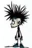 Placeholder: 2d drawing of a stickman, cool with punk hair, x eyes like in hangman, view from back and slightly peeking behind, 3d realistic in colour