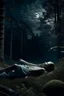 Placeholder: CCTV footage, Dark forest with bright moonlight, Full moon, a girl is laying down
