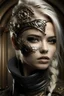 Placeholder: Beautiful faced young blond winter queen woman, wearing silver goth punk metallic filigree art nouveau floral face masque, adorned with goth punk silver metallic diadem headress, wearing steampunk style leather jacket dress ribbed with silver floral metallic filigree embossed pattern, organic bio spinal ribbed detail of goth punk backround extremely detailed maximalist hyperrealistic concept art