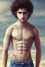 Placeholder: beautiful 12 year old arabic boy with long, curly hair and light blue eyes, not muscular, smiling, shirtless, in front of his father