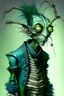 Placeholder: Artist Jean-Baptiste Monge style. A old biomorph male humanoid with Ant face. Bright eyes. A green and blue striped outfit. Modifiers: Tim Burton Craig Rutkowski