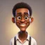 Placeholder: a portrait of smiling man. caricature. black rare hair. dark brown skin. black eye pupils. circle eyeglasses, thin gold frame. rectangle face shape. white shirt with black vest. pixar style. 3D. 4k. portrait. highly detailed. sharp focus. high resolution. full color. cinema lighting