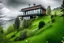 Placeholder: Montaña con una casa moderna en la cima, mucha vegetación en los alrededores, con animales en la ladera, en un día lluvioso de primavera