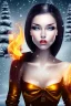 Placeholder: portrait young lady with big bobs black hairs Christmas in the snow and fire