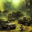 Placeholder: vietnam war. war report. jeep in jungle. poster. bokeh. lens flare. warm lights. high detailed. beksinski