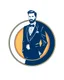 Placeholder: A circular logo with a vector of a groom in a suit at the top of the logo in a blue, red, white and gold color theme.
