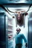 Placeholder: Un hombre en el interior de un gran frigorífico congelador de un restaurante, el hombre está congelado, en el frigorífico del techo cuelgan los cuerpos congelados de reses de vacuno