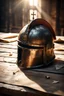 Placeholder: The Roman centurion's helmet lies on an old cracked wooden table. Next to the helmet, on the table, lies a cross on a simple string and a scroll of parchment. Symbols of Roman authority. A ray of sunlight reflects off the helmet. All around is the entourage of ancient Rome. High quality image in 8K