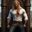 Placeholder: Very handsome warrior king, muscular, long blonde hair, male age 30, wearing jeans and a white button-up shirt, tan skin, tattoos, photorealistic 4k dark fantasy