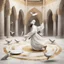 Placeholder: Hyper Realistic Sufi Whirling on stone floor with white & Golden Islamic Sufi Rustic Grungy Background outside white marble Islamic monument with pigeons flying