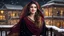 Placeholder: Hyper Realistic Photographic-View of an Extremely-Beautiful Young Happy Pashto Woman with very-beautiful eyes & beautiful brown hair wearing Black Dress with yellow embroidery & maroon-shawl standing on a balcony with beautiful snowfall night with wind-whirling-her-hair showing dramatic & cinematic ambiance.