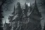 Placeholder: one Wednesday Adams, black and white, tall scary house , pointy roof, cursed trees , dense dark forest, spiders, bats, bones, Escher style