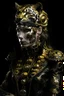 Placeholder: beautiful jaguar rococo punk decadent portrait adorned with filigree gold patinated dust textured vantablack leather filigree jaguarcat hat headdress wearing rococo punk gold and yellow copper colour gradient goth black white steel chain lace ribbed leather jacket embossed rococo florals, white opal black onix stone pearls ornated jacket dress organic bio spinal ribbed detail of rococo punk style decadent background extremely detailed hyperrealistic gothica filigree portrrait