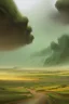 Placeholder: Oil painting, a vast green village where rain falls and turns anything it touches into gold