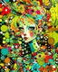Placeholder: creative artistic modernist vibe, messy painterly, stylized illustration of a pale young woman with distinctive features, wearing a bold polka-dot outfit. She has extremely expressive eyes, sharp face, small nose and is adorned with oversized flowers in her hair. A delicate bird with intricate patterns is perched in her shoulder. bright accents color scheme with textured backgrounds. Overall style is painterly creative artistic modernist with a touch of whimsy vibe.