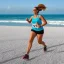 Placeholder: Sonia Lombardi running a marathon on Miami beach, full body, about to cross the finish line, photo realistic, 8k, realism