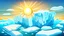 Placeholder: cartoon illustration: nature with icebergs and frozen sea, sun in the sky