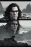 Placeholder: A portrait of Joaquin Phoenix in his early 30s, long beachy haircut, black hair, on a rocky island, in ebony armor from Skyrim, melancholic and dangerous facial expression, half-smiling