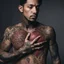 Placeholder: man with light skin with the entire cardiovascular system tattooed, nikon 70mm lens, photo, professional studio photo, very real