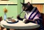 Placeholder: A cat wearing clothes is sitting at a table eating sushi. Manga style. Perfect iris. Paws