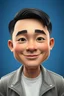 Placeholder: Buat animasi 3D karikatur kartun dengan kepala besar. Seorang pria Indonesia berusia 20 tahun. Rambutnya hitam pendek dibelah di sisi kanan. Wajahnya oval dengan garis-garis halus, alis hitam tebal dan rapi, mata normal, hidung besar, dan bibir tipis dengan senyum lebar dan ramah. Ia mengenakan jaket kulit abu-abu muda di atas kaus putih. Latar belakang biru gradasi dengan pencahayaan profesional. Karya agung, kualitas terbaik, kulit dan wajah sangat detail, sangat realistis, definisi tinggi, pe