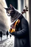 Placeholder: One single mature cat playing violin on the street, Vienna,thoughtful, mourning, model style, hyper realistic, extremely accurate, delicate, extremely detailed, Graphic novel style, wide-angle, open aperture, superfine pencil