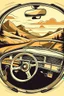 Placeholder: A vintage car phone with a curly cord, attached to the dashboard of a classic automobile. A scenic mountain highway stretches out in the background through the open window. Style: Retro travel, Mood: Adventurous, Lighting: Warm sunlight streaming through the window, T-shirt design graphic, vector, contour, white background.