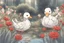 Placeholder: red and black chicken and small chibi duck in a flowergarden with beautiful flowers, pond, in sunshine, H.R. Giger, anime, steampunk, sürreal, watercolor and black in outlines, golden glitter, ethereal, cinematic postprocessing, bokeh, dof