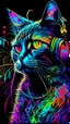 Placeholder: colorful cat with headphones on, graffiti art by Louis Wain, shutterstock contest winner, psychedelic art, black background, synthwave, colorfu