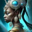 Placeholder: Sango fantasy, fantasy magic, intricate, sharp focus, illustration, highly detailed, digital painting, concept art, matte, art germ and Paul Lewin and Kehinde Wiley, masterpiece Aztec princess dancer head bronze feather's' Asian African girl nice breast Thai hair turquoise silver blue under water