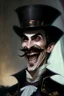 Placeholder: Strahd von Zarovich with a handlebar mustache wearing a top hat while looking excited