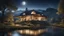 Placeholder: beautiful house, perfect architecture, style Norman Foster, rural environment, night, moon, stars, volumetric lighting, trees, river, distant mountains, award-winning photograph, photorealism, superb details, light and shade, beautiful composition, arts-and-crafts, attractive, peaceful, exquisite