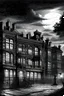 Placeholder: The court was very cool and a little damp, and full of premature twilight, although the sky, high up overhead, was still bright with sunset. Victorian London, black and white. One window only, pencil sketch, damp ground.