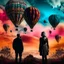 Placeholder: Double exposure photography blending distant silhouettes of a woman and a man against a dramatic sky with intricate patterns and hot air balloons on a textured surface juxtaposition of elements of nature and humanity in a visually compelling way, professional camera, zoom, edge lighting , cinematic, translucency, extrusion, gradient, mirror fade, contrast, 18K UHD