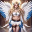 Placeholder: 1man, solo, wings, navel, blue eyes, jewelry, long hair, looking at the viewer, earrings, white wings, thigh highs, feathered wings, angel wings, lips, hair ornament, blonde hair, midriff, white thigh highs, angel, cowboy shot, pointy ears, realistic, skirt, standing, masterpiece, top quality, best quality, 8k resolution