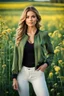 Placeholder: fullbody close up shot of young-beautiful-girl-with-a-perfect-face wearing pants and thight blouse and jacket, country side green field flowers day lights