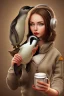 Placeholder: young woman talk to a penguin in coffee-shop