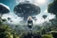 Placeholder: Wide angle photo of a slim sci-fi woman with blond hair, wearing a silver and black futuristic spacesuit looking android-like, standing on an alien cloud tree jungle planet