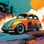 Placeholder: create an abstract, stripped down, Volkwagen beetle rat rod with highly detailed features, lost in a horrific post apocalyptic world, in the comic book art style of Bill Sienkiewicz, Mike Mignola, and Jean Giraud Moebius , searing lines , forceful strokes, finely drawn, inked, and colored
