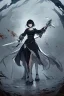 Placeholder: Anime girl with short black hair and sharp green eyes, holding a pike, full body black and white metal plate armour, full body shot, Dramatic lighting,1woman, soaked in blood, Warrior, standing pose, sword at the waist, close shot, lean body,