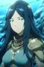 Placeholder: Anime girl with long black hair. Has girls on her neck and is wearing aquatic armor