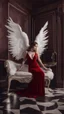 Placeholder: White wings, scissors, red dress on a luxurious velvet floor. Cinematic photo