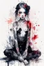 Placeholder: Petit girl goth many tattoos on his body, siting, fullbody, watercolor illustration by <agnes cecile>, darkred tones,