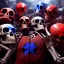 Placeholder: a picture of a dark, comedic, anatomically correct wall of red white and blue tightly packed stacked cyborg skulls of varying sizes and expressions, photo realistic, insanely meticulous, highly detailed, part of a collection of bones on display, 64k, dystopian, vray