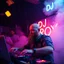 Placeholder: A DJ performing at dance club, his name DJ ROY and looks crazy, bald with beard. Neon lights and smog, DJ ROY SIGN ON WALL