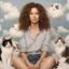 Placeholder: Portrait of woman with curly hair sitting in room full of clouds and fluffy kittens