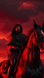 Placeholder: A black hoodedwoman in the back holding , both on a black wild horse ,escaping and jumping on fire ,red clouds in the sky with storm and cinematic scene 4k