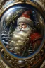 Placeholder: Beautiful old 1800's style oil painting, intricate beautiful detail of the highest grade, within a snowy ice palace is an icy crystal globe with Santa Claus long white beard inside by decorated Christmas tree, no flaws, perfect proportions, eyes and face perfect, do not show hands